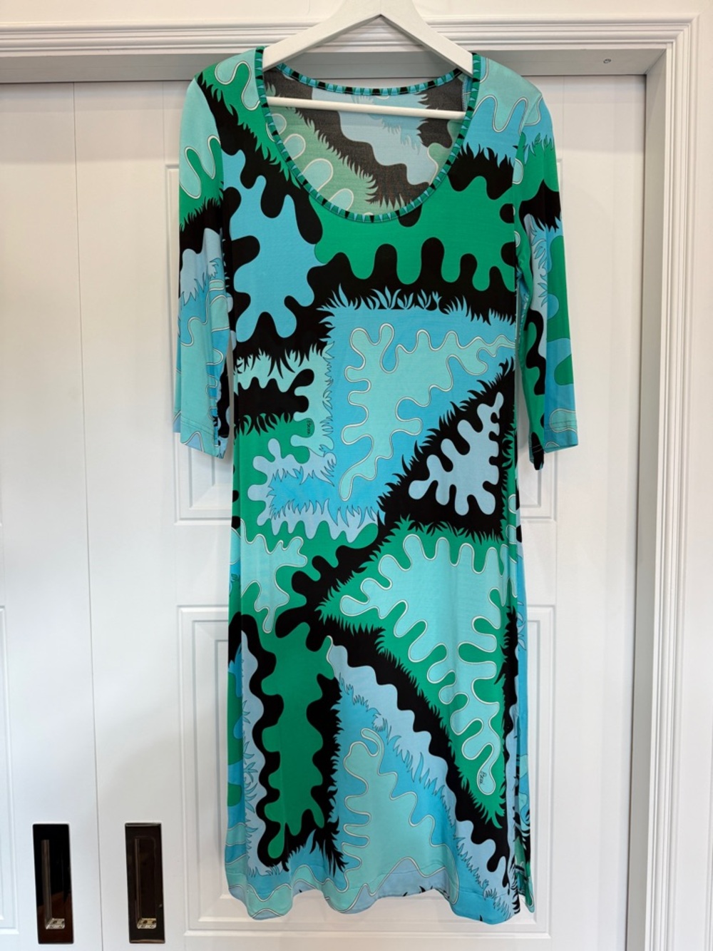 Vintage Bessi Printed Geometric Dress S/M scoop neck blue green mod